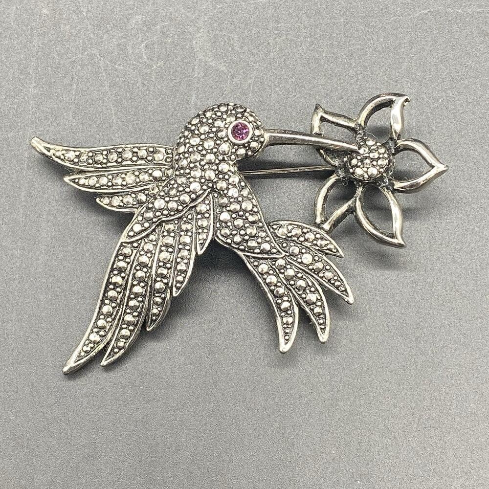 Vintage Avon Large Bird Flower Brooch Rhinestone Faux Marcasite